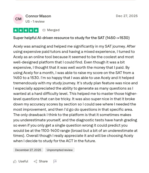 Trustpilot review from Connor Mason: raised SAT score from 1450 to 1530 with Acely