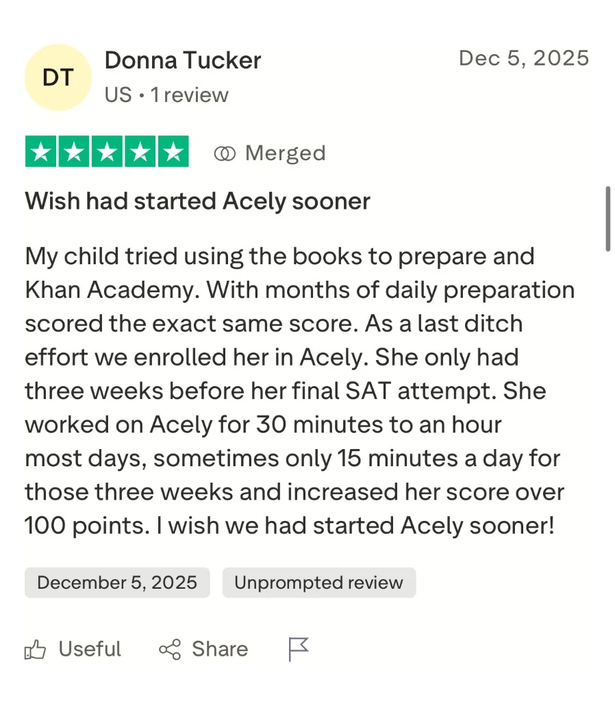 Trustpilot review from Donna Tucker: child increased SAT score over 100 points in three weeks