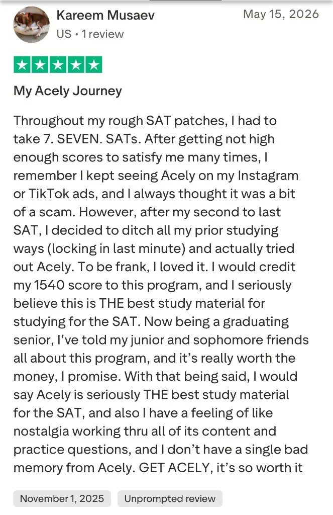 Trustpilot review from Kareem Musaev: credits Acely for a 1540 SAT score