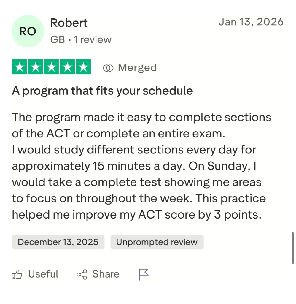 Trustpilot review from Robert: improved ACT score by 3 points with Acely
