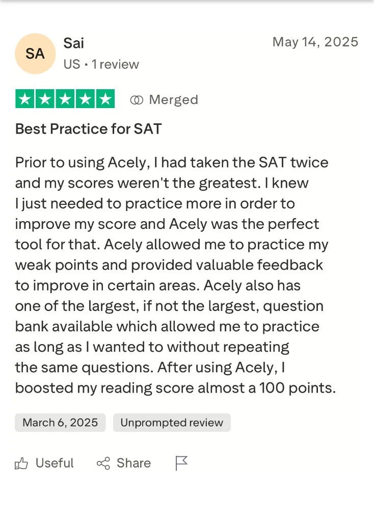 Trustpilot review from Sai: boosted reading score almost 100 points with Acely practice