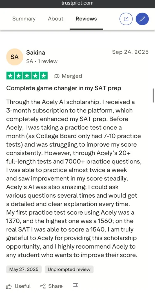 Trustpilot review from Sakina: scored 1540 on the SAT after using Acely's practice tests and AI
