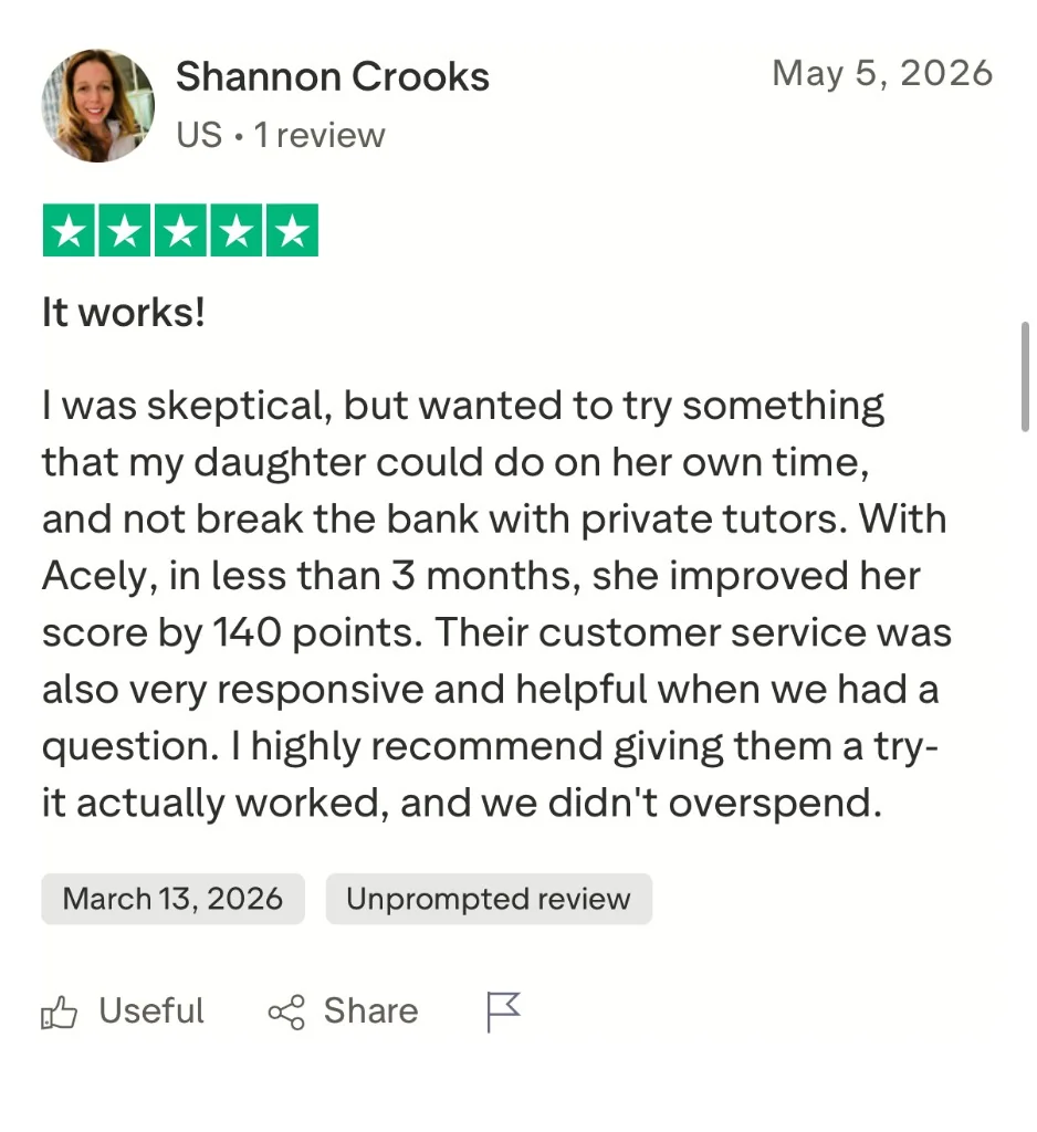 Trustpilot review from Shannon Crooks: daughter improved SAT score by 140 points in under 3 months