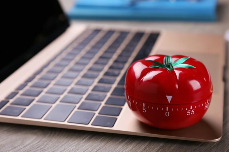 A laptop and a tomato-shaped timer used for the AP Biology exam preparation.