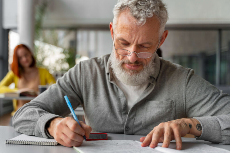 Old man taking the SAT.
